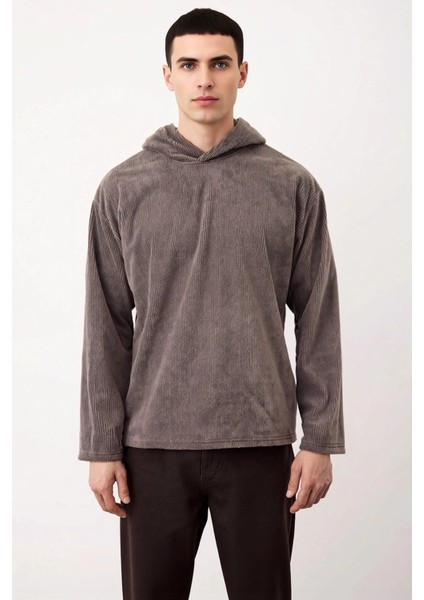 Erkek Kapüşonlu Standart Kol Fitilli Kadife Oversize Kalıp Sweatshirt Fonksiyonel Kaliteli modelleri