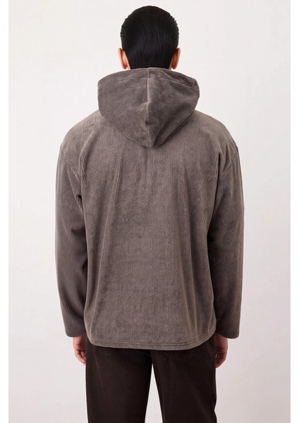 Erkek Kapüşonlu Standart Kol Fitilli Kadife Oversize Kalıp Sweatshirt Fonksiyonel Kaliteli fırsatları