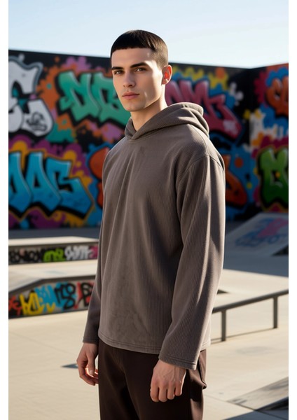 Erkek Kapüşonlu Standart Kol Fitilli Kadife Oversize Kalıp Sweatshirt Fonksiyonel Kaliteli indirimleri
