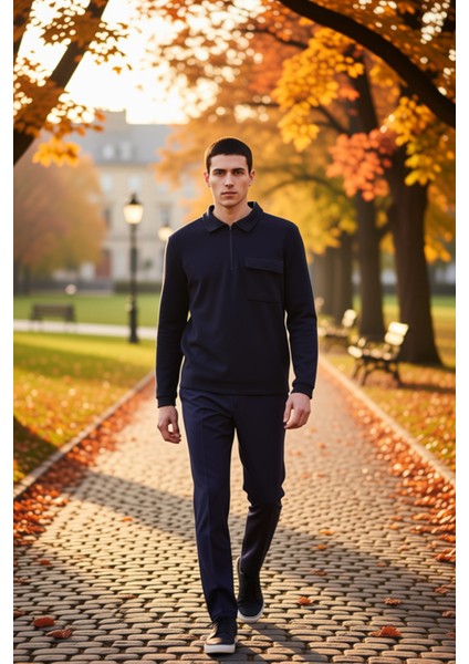 Erkek Polo Yaka Fermuarlı Cep Detaylı %100 Pamuk Sweatshirt Fonksiyonel Dayanıklı Kaliteli