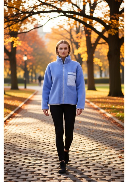 Kadın Dik Yaka Düşük Kol Tam Fermuarlı Peluş Sweatshirt Fonksiyonel Dayanıklı Kaliteli Şık