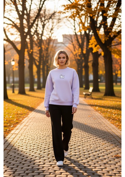 Kadın Bisiklet Yaka Düşük Kol Nakışlı Regular Kalıp Sweatshirt Fonksiyonel Dayanıklı Rahat