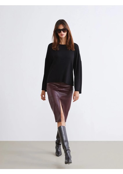 Soulife Bordo Beli Fermuarlı Deri Görünümlü Kalem Etek