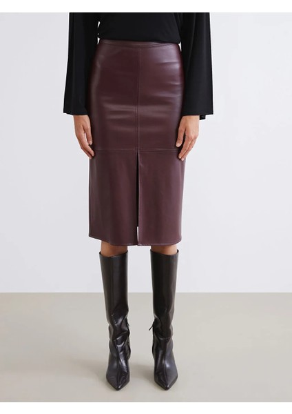 Soulife Bordo Beli Fermuarlı Deri Görünümlü Kalem Etek fiyatları