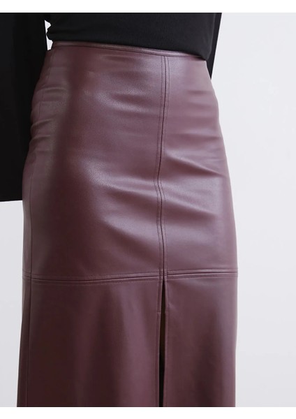 Soulife Bordo Beli Fermuarlı Deri Görünümlü Kalem Etek modelleri