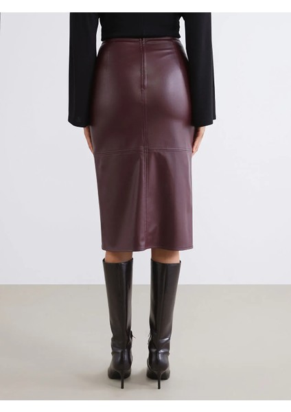 Soulife Bordo Beli Fermuarlı Deri Görünümlü Kalem Etek fırsatları