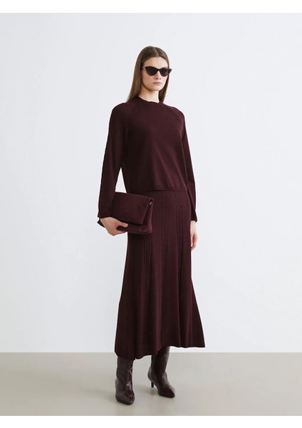 Lcw Modest Bordo Beli Lastikli Kendinden Desenli Kloş Triko Etek