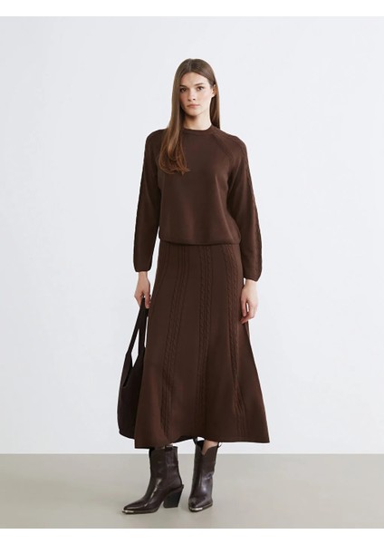 Lcw Modest Kahverengi Beli Lastikli Kendinden Desenli Kloş Triko Etek