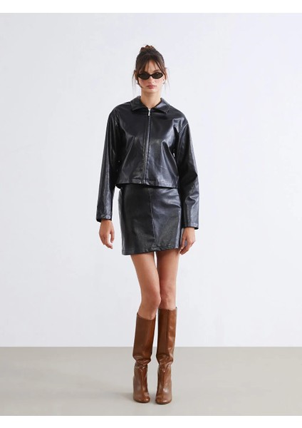 Soulife Siyah Beli Fermuarlı Deri Görünümlü Mini Etek