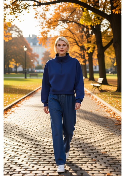 Kadın Fermuarlı Dik Yaka Düşük Kol Örme Sweatshirt Fonksiyonel Dayanıklı Kaliteli Konforlu