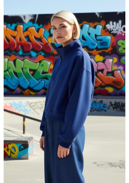 Kadın Fermuarlı Dik Yaka Düşük Kol Örme Sweatshirt Fonksiyonel Dayanıklı Kaliteli Konforlu indirimleri