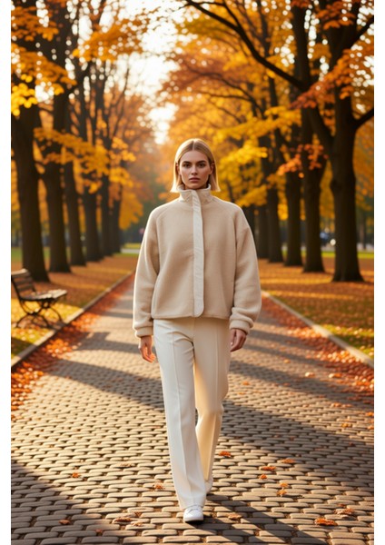 Kadın Dik Yaka Düşük Kol Fermuarlı Peluş Kalın Örme Sweatshirt Fonksiyonel Dayanıklı Rahat