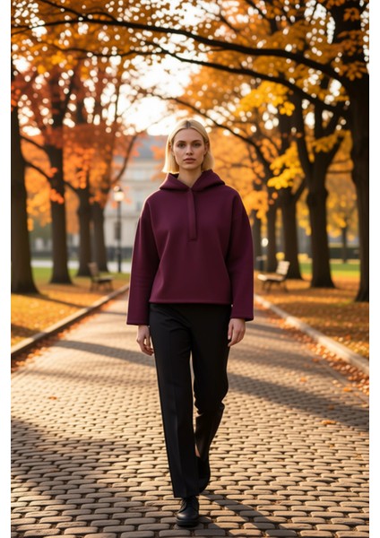 Kadın Kapüşonlu Düşük Kol Oversize Örme Sweatshirt Fonksiyonel Dayanıklı Kaliteli Konforlu