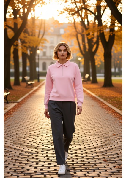 Kadın Polo Yaka Düşük Kol Fermuarlı Regular Kalıp Örme Sweatshirt Fonksiyonel Dayanıklı Şık