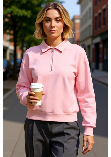 Kadın Polo Yaka Düşük Kol Fermuarlı Regular Kalıp Örme Sweatshirt Fonksiyonel Dayanıklı Şık fiyatları