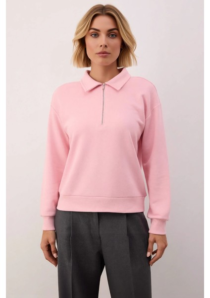 Kadın Polo Yaka Düşük Kol Fermuarlı Regular Kalıp Örme Sweatshirt Fonksiyonel Dayanıklı Şık modelleri