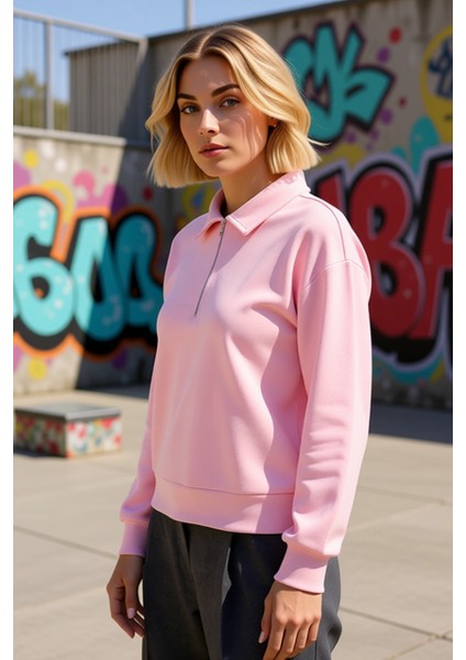 Kadın Polo Yaka Düşük Kol Fermuarlı Regular Kalıp Örme Sweatshirt Fonksiyonel Dayanıklı Şık indirimleri