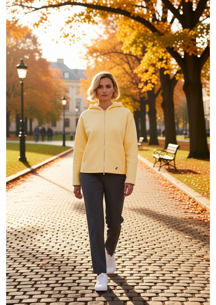 Kadın Kapüşonlu Düşük Kol Fermuarlı Geniş Kesim Örme Sweatshirt Fonksiyonel Dayanıklı Spor