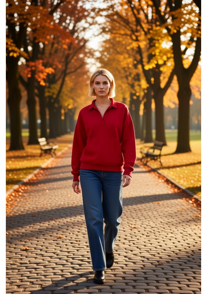 Kadın Polo Yaka Düşük Kol Geniş Kesim Örme Sweatshirt Fonksiyonel Dayanıklı Kaliteli Rahat