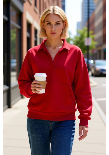 Kadın Polo Yaka Düşük Kol Geniş Kesim Örme Sweatshirt Fonksiyonel Dayanıklı Kaliteli Rahat fiyatları