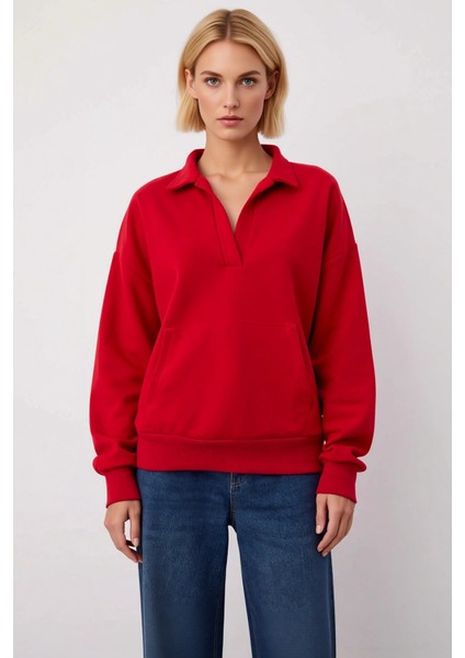 Kadın Polo Yaka Düşük Kol Geniş Kesim Örme Sweatshirt Fonksiyonel Dayanıklı Kaliteli Rahat modelleri