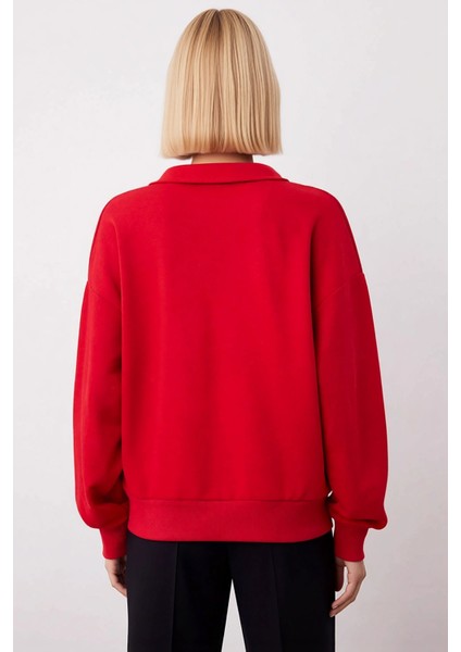 Kadın Polo Yaka Düşük Kol Geniş Kesim Örme Sweatshirt Fonksiyonel Dayanıklı Kaliteli Rahat fırsatları