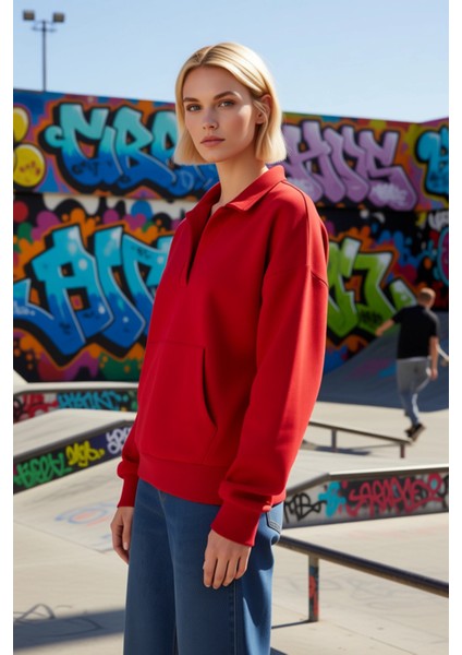 Kadın Polo Yaka Düşük Kol Geniş Kesim Örme Sweatshirt Fonksiyonel Dayanıklı Kaliteli Rahat indirimleri