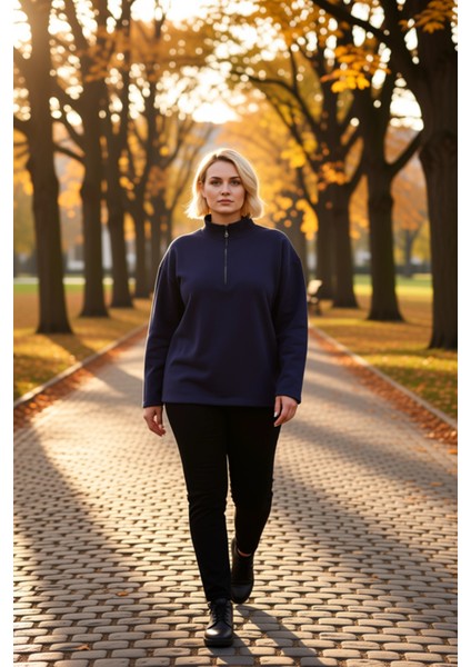 Kadın Dik Yaka Fermuarlı Düşük Kol Regular Kalıp Örme Sweatshirt Fonksiyonel Dayanıklı Şık