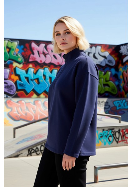 Kadın Dik Yaka Fermuarlı Düşük Kol Regular Kalıp Örme Sweatshirt Fonksiyonel Dayanıklı Şık indirimleri