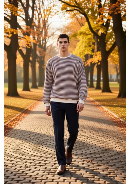 Erkek Bisiklet Yaka Standart Kol Çizgili Oversize Sweatshirt Fonksiyonel Dayanıklı Estetik