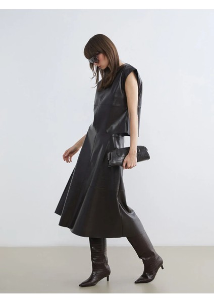 Lcw Vision Kahverengi Beli Fermuarlı A Kesim Deri Görünümlü Etek