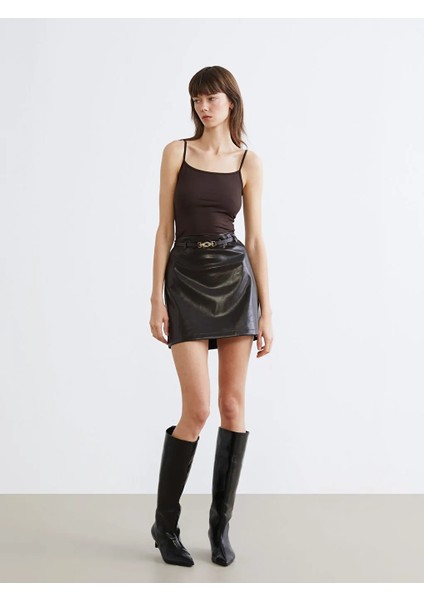 Lcw Vision Kahverengi Beli Kemerli Deri Görünümlü Mini Etek