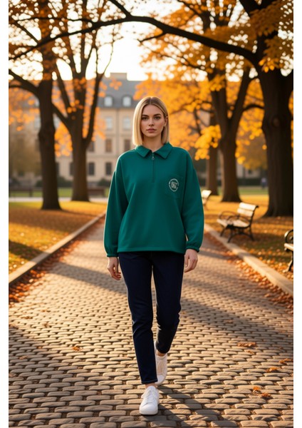 Kadın Polo Yaka Düşük Kol Nakışlı Fermuarlı Sweatshirt Fonksiyonel Dayanıklı Kaliteli Spor