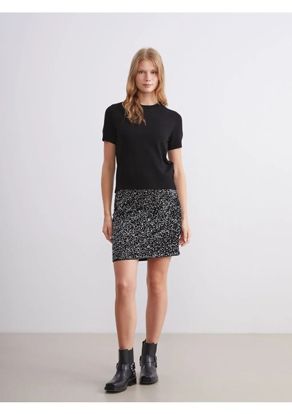 Xsıde Siyah Dar Fit Pul Payetli Mini Etek