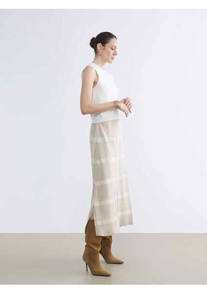 Lcw Grace Ekru Beli Lastikli Ekose A Kesim Triko Etek