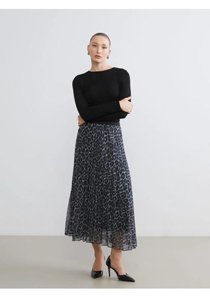 Lcwaıkıkı Classic Siyah Beli Lastikli Desenli Şifon Pileli Etek