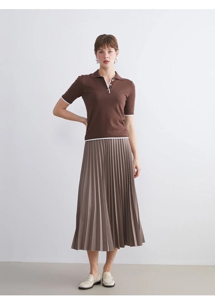 Lcwaıkıkı Classic Kahverengi Beli Lastikli Şifon Pileli Etek