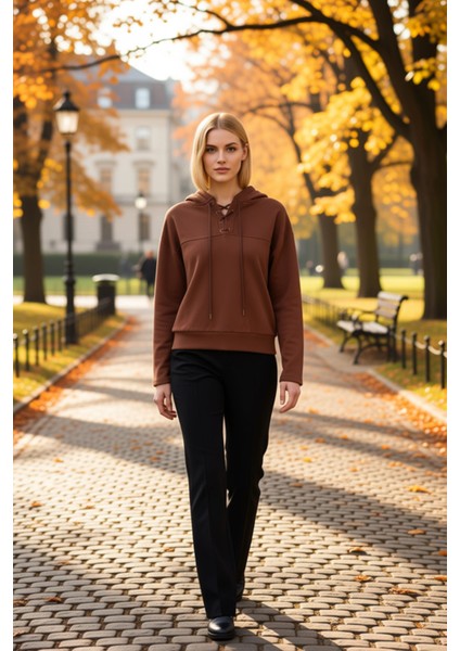 Kadın Kapüşonlu Standart Kol Bağlama Detaylı Örme Sweatshirt Fonksiyonel Dayanıklı Estetik