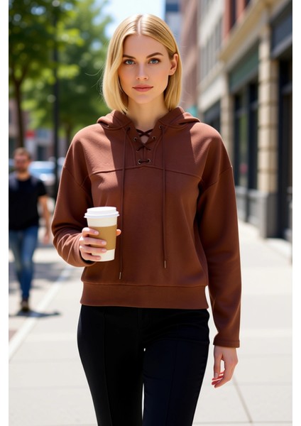 Kadın Kapüşonlu Standart Kol Bağlama Detaylı Örme Sweatshirt Fonksiyonel Dayanıklı Estetik fiyatları