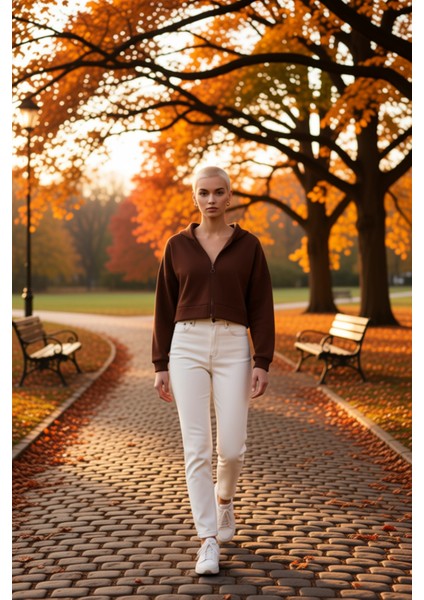 Kadın Kapüşonlu Fermuarlı Düşük Kol Örme Sweatshirt Fonksiyonel Dayanıklı Kaliteli Estetik