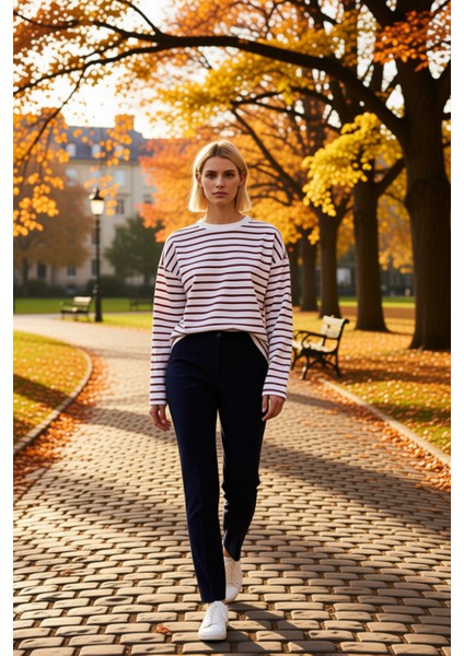 Kadın Bisiklet Yaka Düşük Kol Çizgili Örme Geniş Kesim Sweatshirt Fonksiyonel Dayanıklı Şık