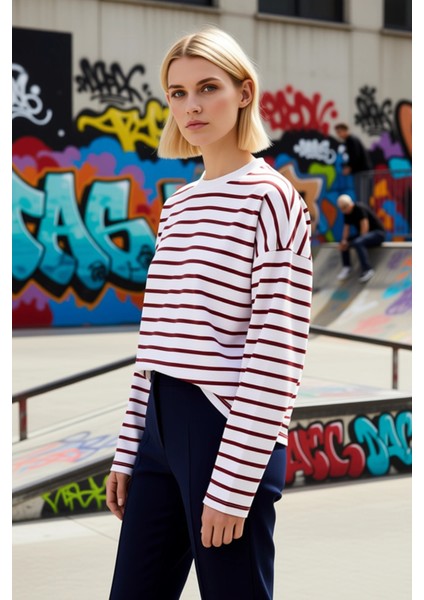 Kadın Bisiklet Yaka Düşük Kol Çizgili Örme Geniş Kesim Sweatshirt Fonksiyonel Dayanıklı Şık indirimleri