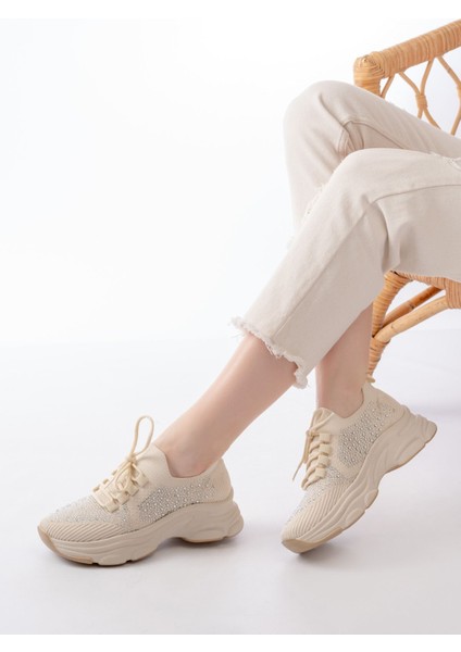 ZRİN-3002 Premium Bej Bağcıklı Fileli Taş Aksesuarlı Günlük Sneaker