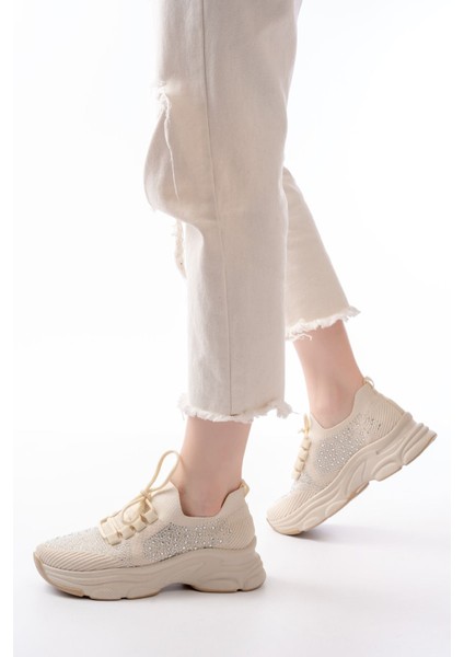 ZRİN-3002 Premium Bej Bağcıklı Fileli Taş Aksesuarlı Günlük Sneaker fiyatları