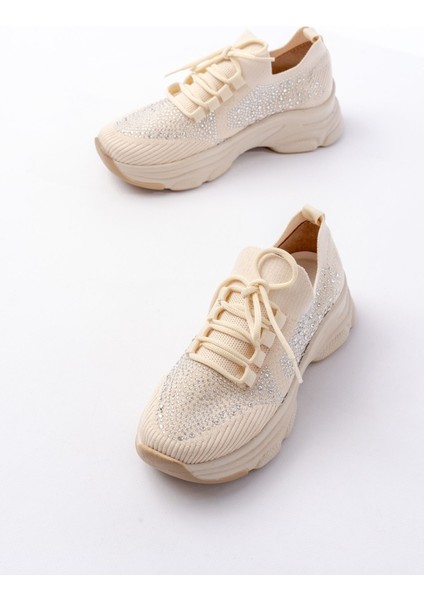 ZRİN-3002 Premium Bej Bağcıklı Fileli Taş Aksesuarlı Günlük Sneaker modelleri