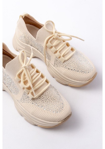 ZRİN-3002 Premium Bej Bağcıklı Fileli Taş Aksesuarlı Günlük Sneaker fırsatları
