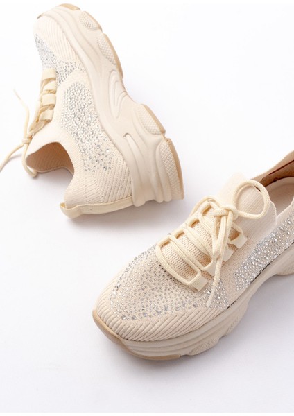 ZRİN-3002 Premium Bej Bağcıklı Fileli Taş Aksesuarlı Günlük Sneaker indirimleri