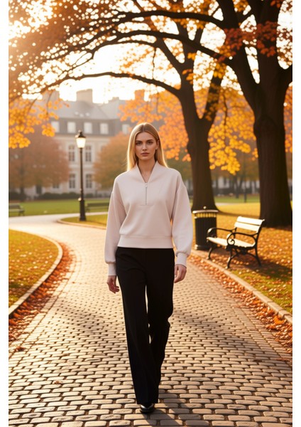 Kadın Dik Yaka Düşük Kol Fermuarlı Örme Sweatshirt Fonksiyonel Dayanıklı Kaliteli Konforlu