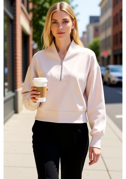 Kadın Dik Yaka Düşük Kol Fermuarlı Örme Sweatshirt Fonksiyonel Dayanıklı Kaliteli Konforlu fiyatları