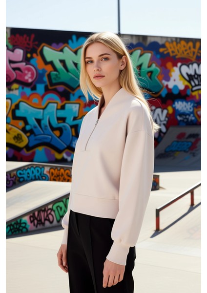 Kadın Dik Yaka Düşük Kol Fermuarlı Örme Sweatshirt Fonksiyonel Dayanıklı Kaliteli Konforlu indirimleri